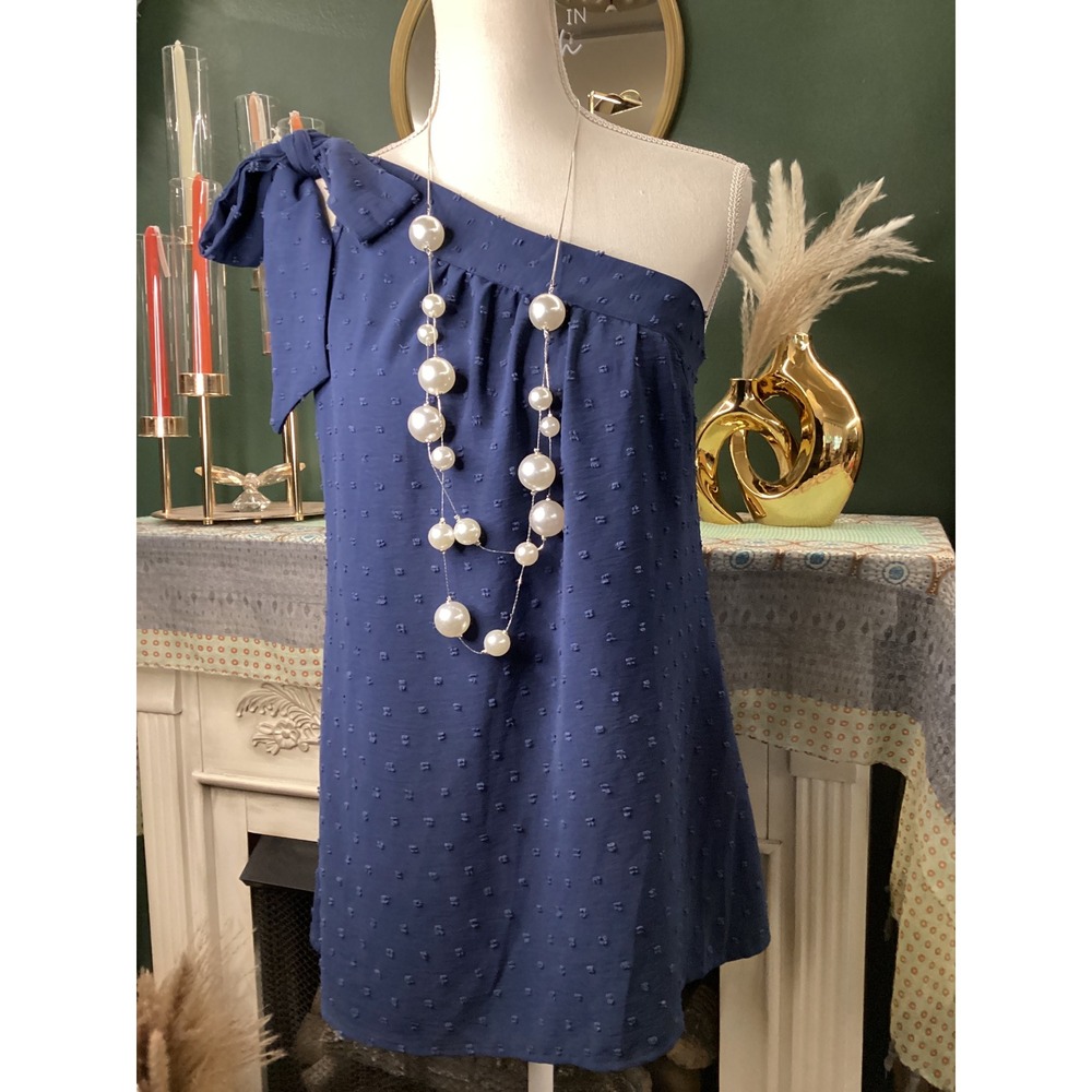 Navy Blue‎ Swiss Dot One Shoulder Bow Top Medium Asymmetrical Sleeveless Blouse